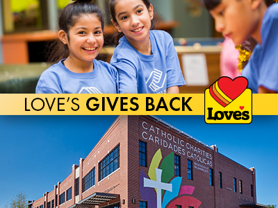 Love's Gives Back graphic with Boys & Girls Clubs of OK Country kids and exterior building of Catholic Charities