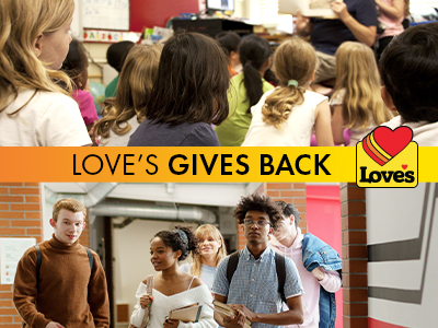 Elementary and high school students with text "Love's gives back"
