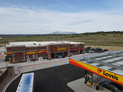 Drone photo of Love's Travel Stops near Colorado mountains