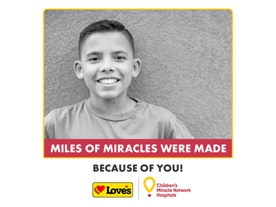 CMN Hospitals patient Vinny smiling with text Miles of Miracles were made because of you