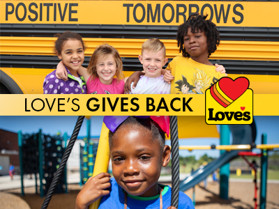 pictures of students from Positive Tomorrows with text Love's gives back